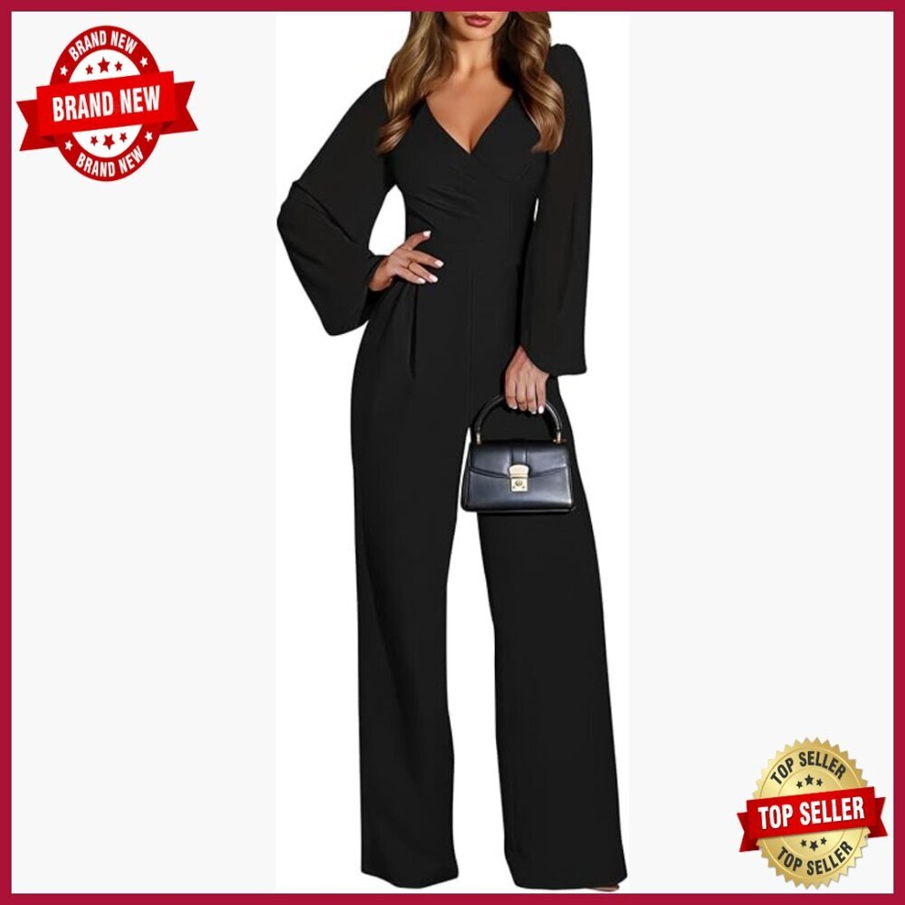 Large V-Neck Wide Leg Jumpsuit Patchwork Chiffon Sleeves Party Wear